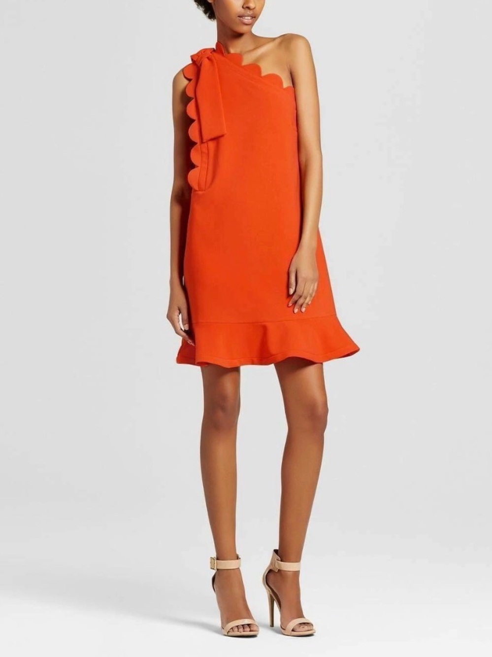 Victoria Beckham for Target One Shoulder Bow Mini Dress Orange Ruffle Hem Size L